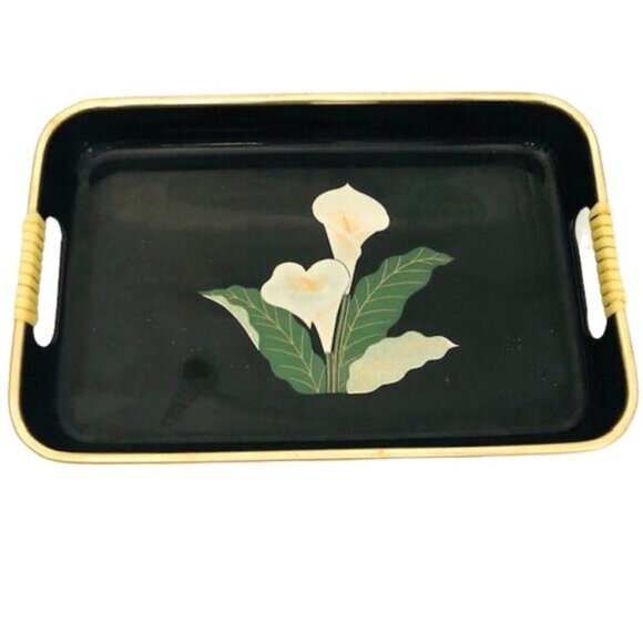 3 Vintage Japanese Black Lacquer Nesting Trays with Lily Detail & Gold Trim - - Picture 5 of 12